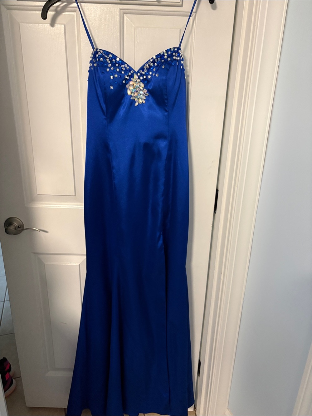 Royal Blue Satin Evening Gown with Rhinestone Bodice